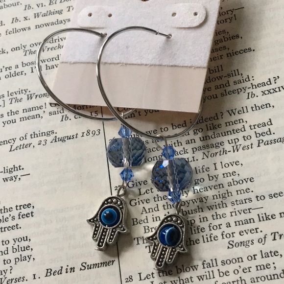 Hamsa Evil Eye Protection Crystal Faceted Earrings - Picture 4 of 6